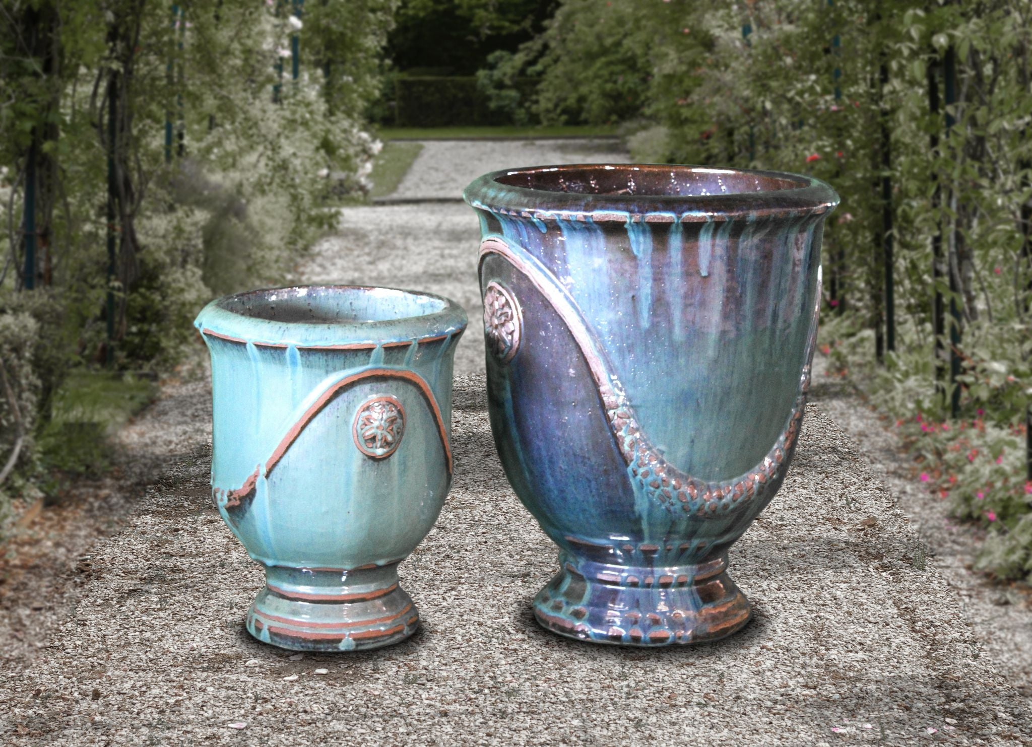 Antique Turquoise Rosette Urn Set Of 2