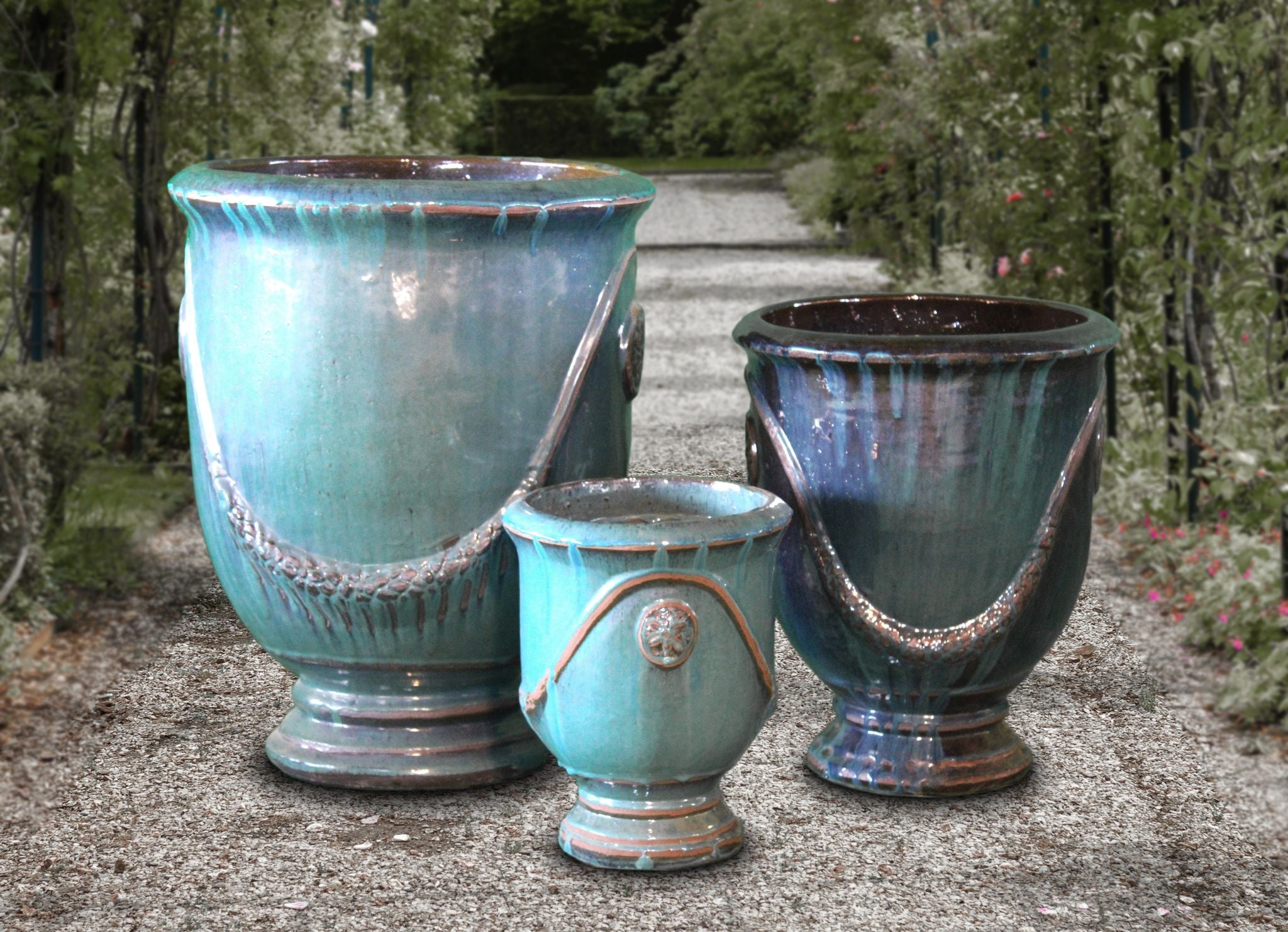 Antique Turquoise Rosette Urn Set Of 3