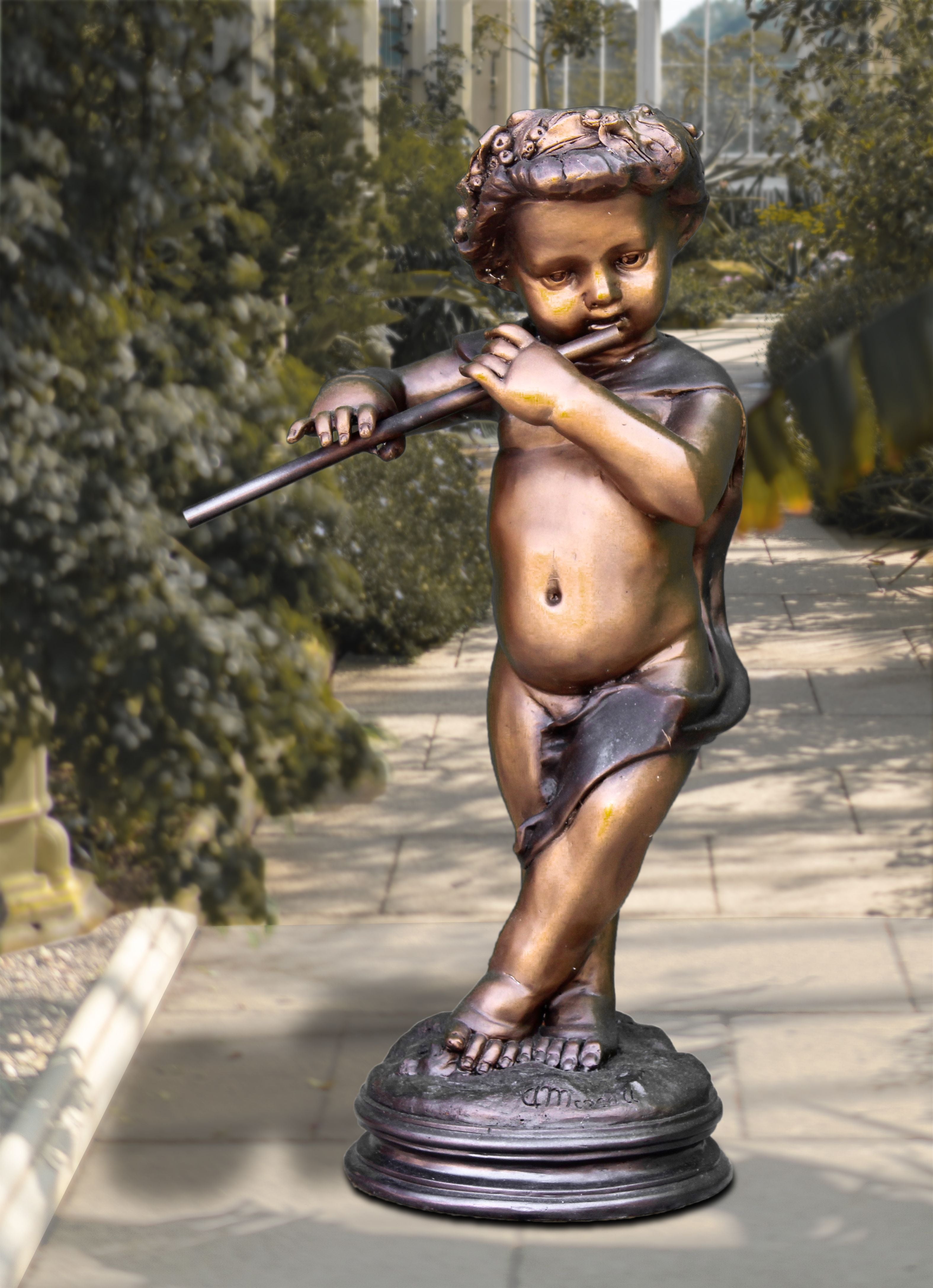 Cherub Playing Flute Bronze Statue