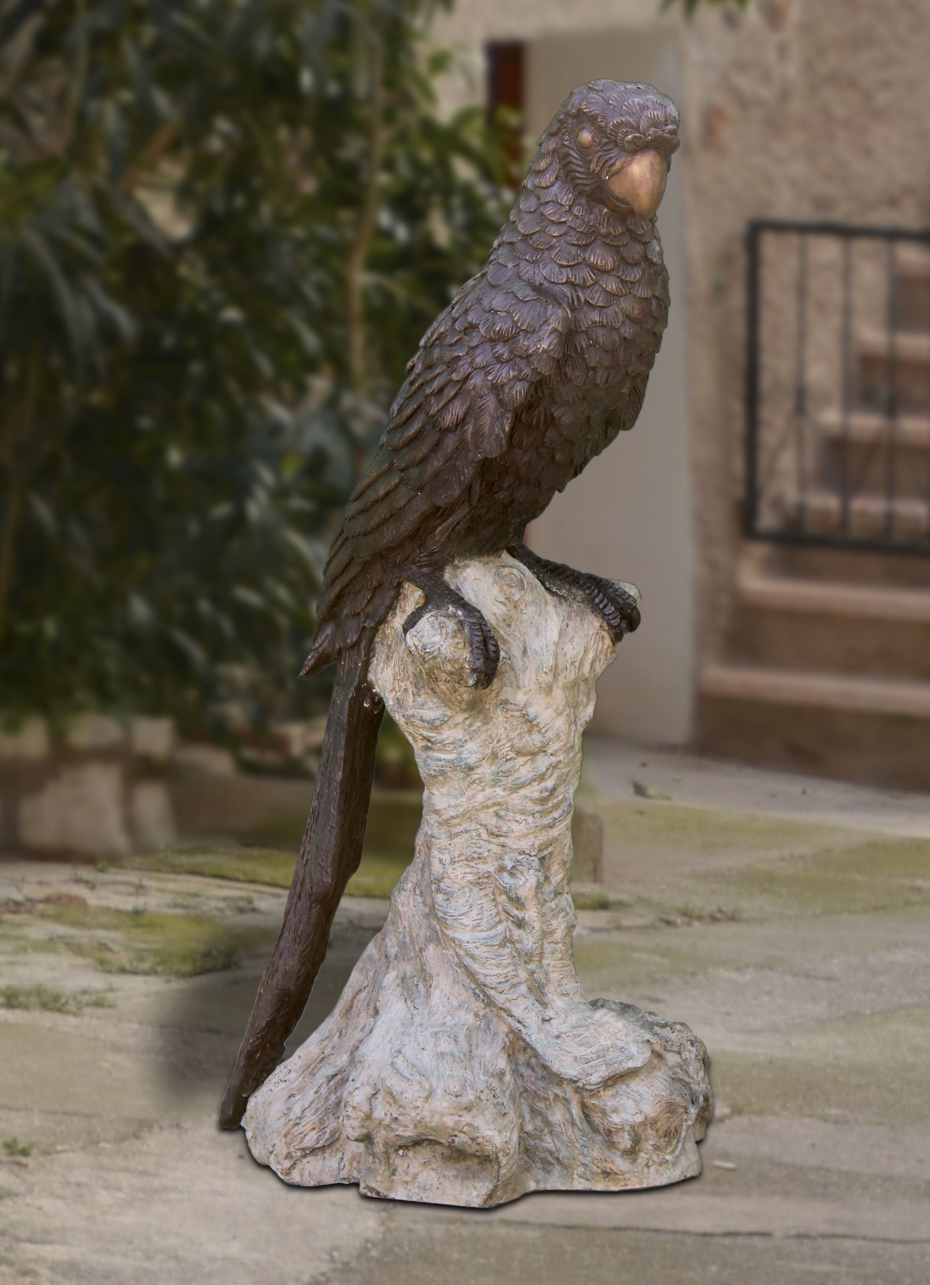 Gazing Parrot On Tree Branch Bronze Statue